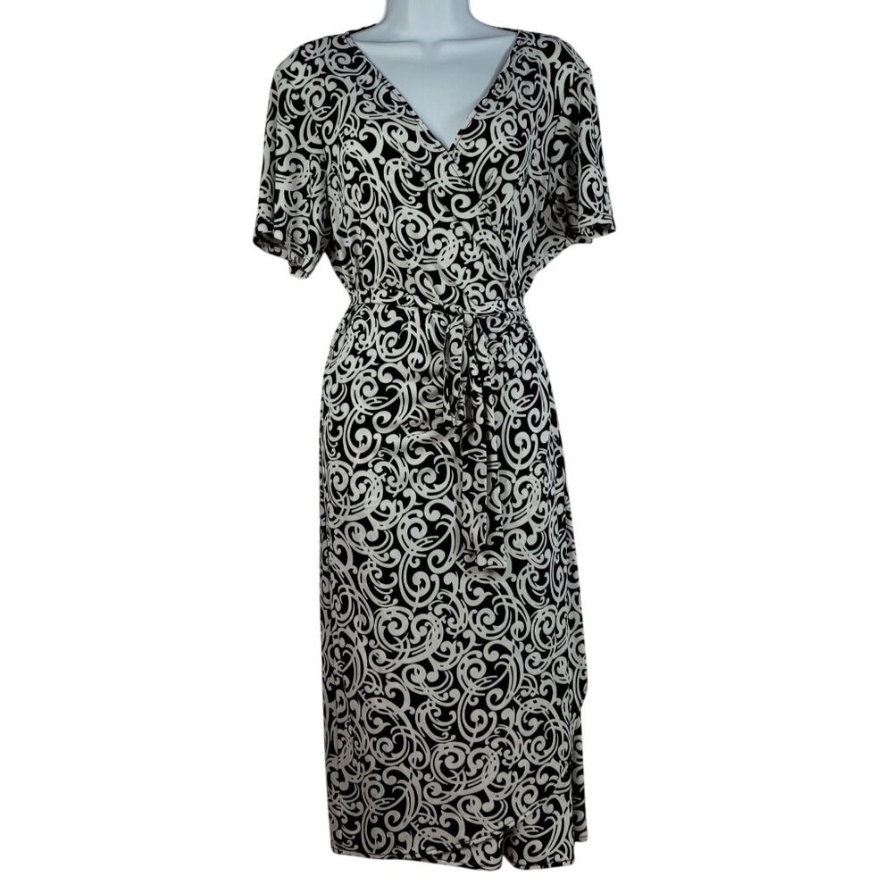 Dressbarn Wrap Dress Black White 18W Short Sleeve V Neck Stretch Geo Knee Length